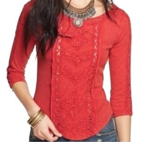 Free People “Truly Madly” Crochet 3/4 Sleeves Top - Picture 1 of 10